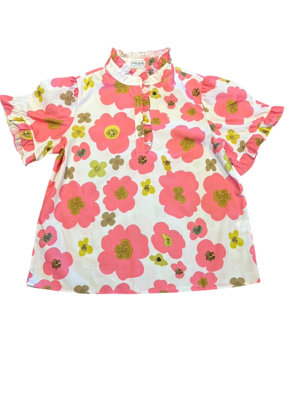 Little Daisy Women’s Large Pink Floral Ruffle Neck Short Sleeve Top